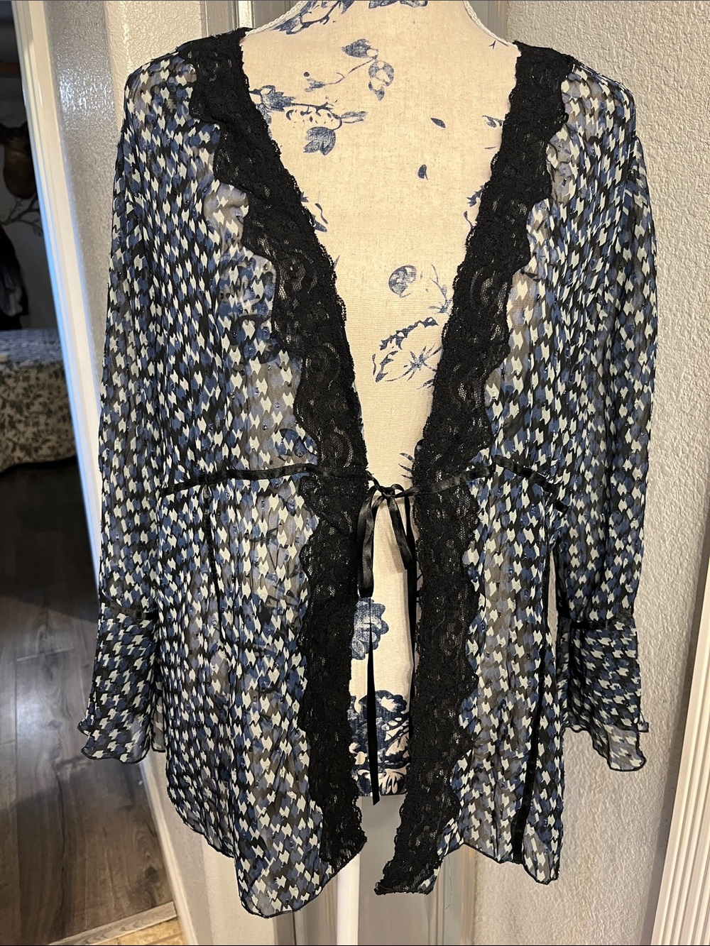 Studio 1940 Sheer Blue and Black Lace-Trim Kimono Top